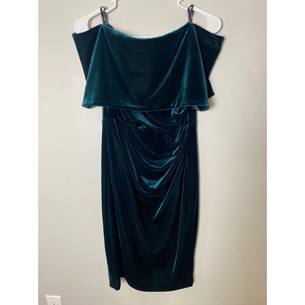 Vince Camuto Green Velvet Off The Shoulder Ruched Cocktail Dress 10